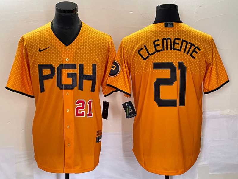 Men's Pittsburgh Pirates #21 Roberto Clemente Number Gold 2023 City Connect Stitched Jersey,We sell and wholesale Men's Pittsburgh Pirates #21 Roberto Clemente Number Gold 2023 City Connect Stitched Jersey on line form chian!
